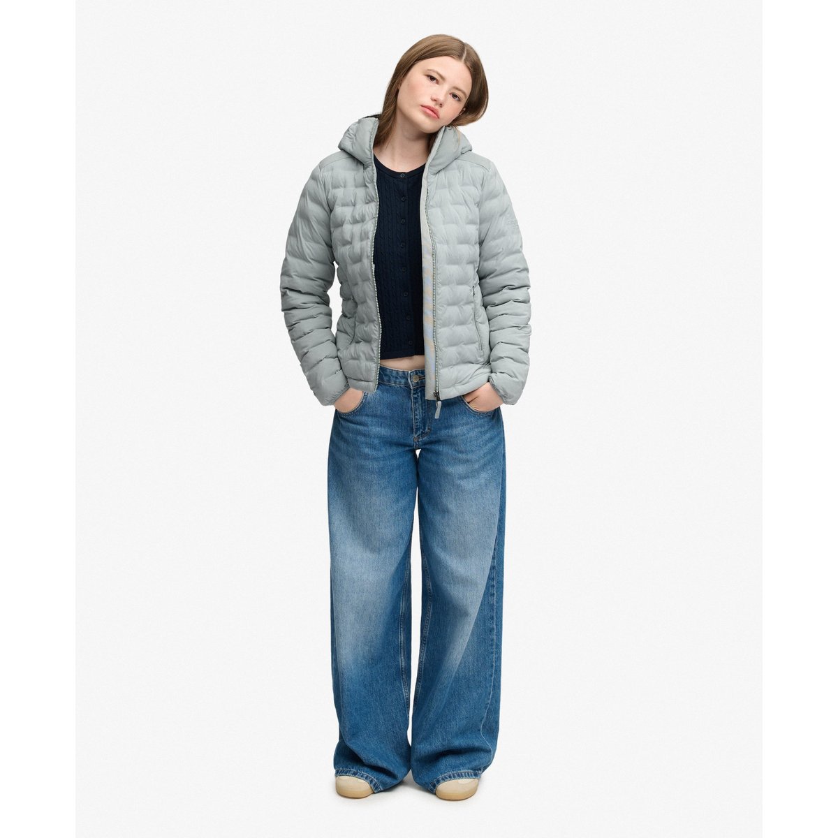 Doudoune Hooded Heat Weld Coupe Ajustée texture gris pâle, SUPERDRY