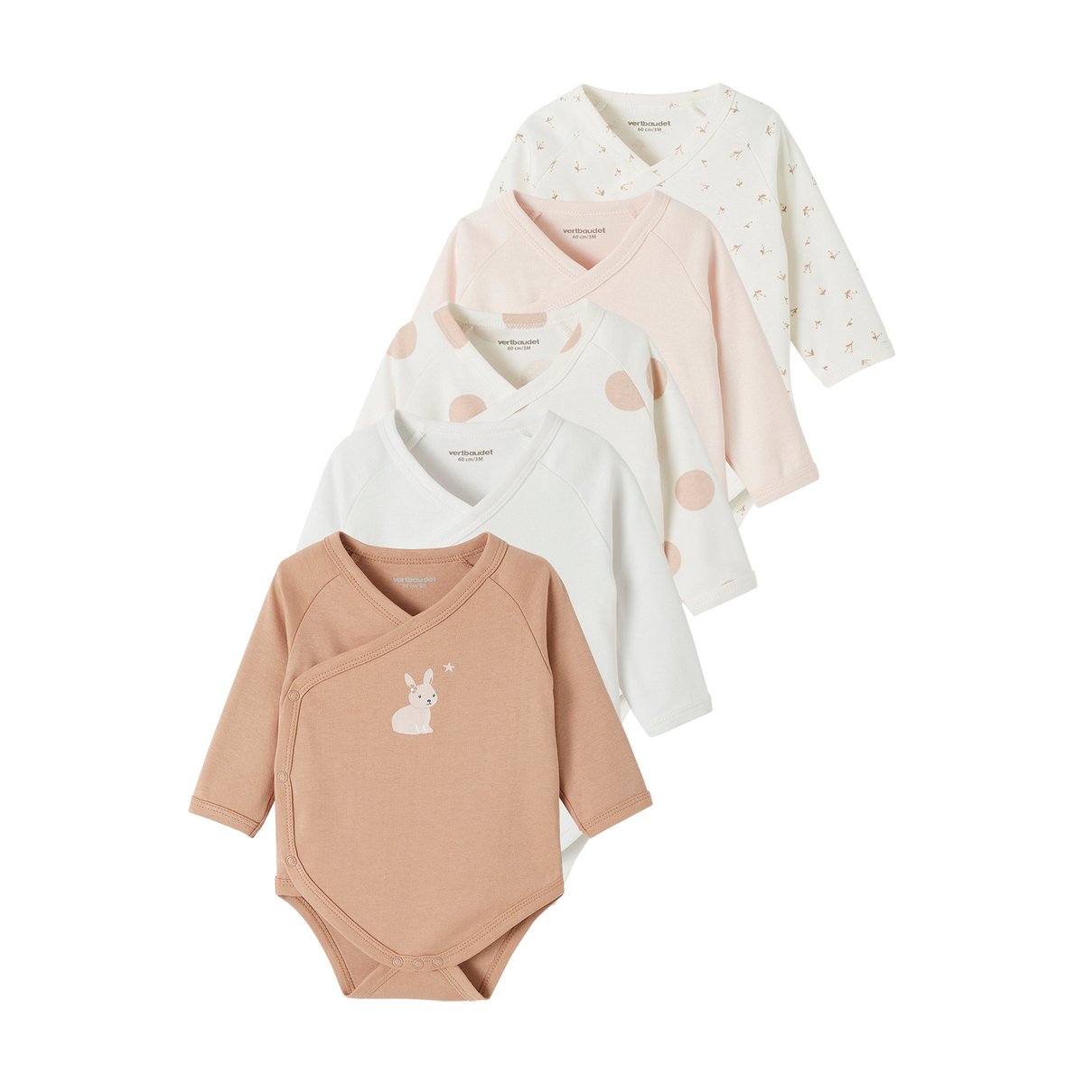 Lot de 5 bodies manches longues ouverture naissance rose poudré, VERTBAUDET