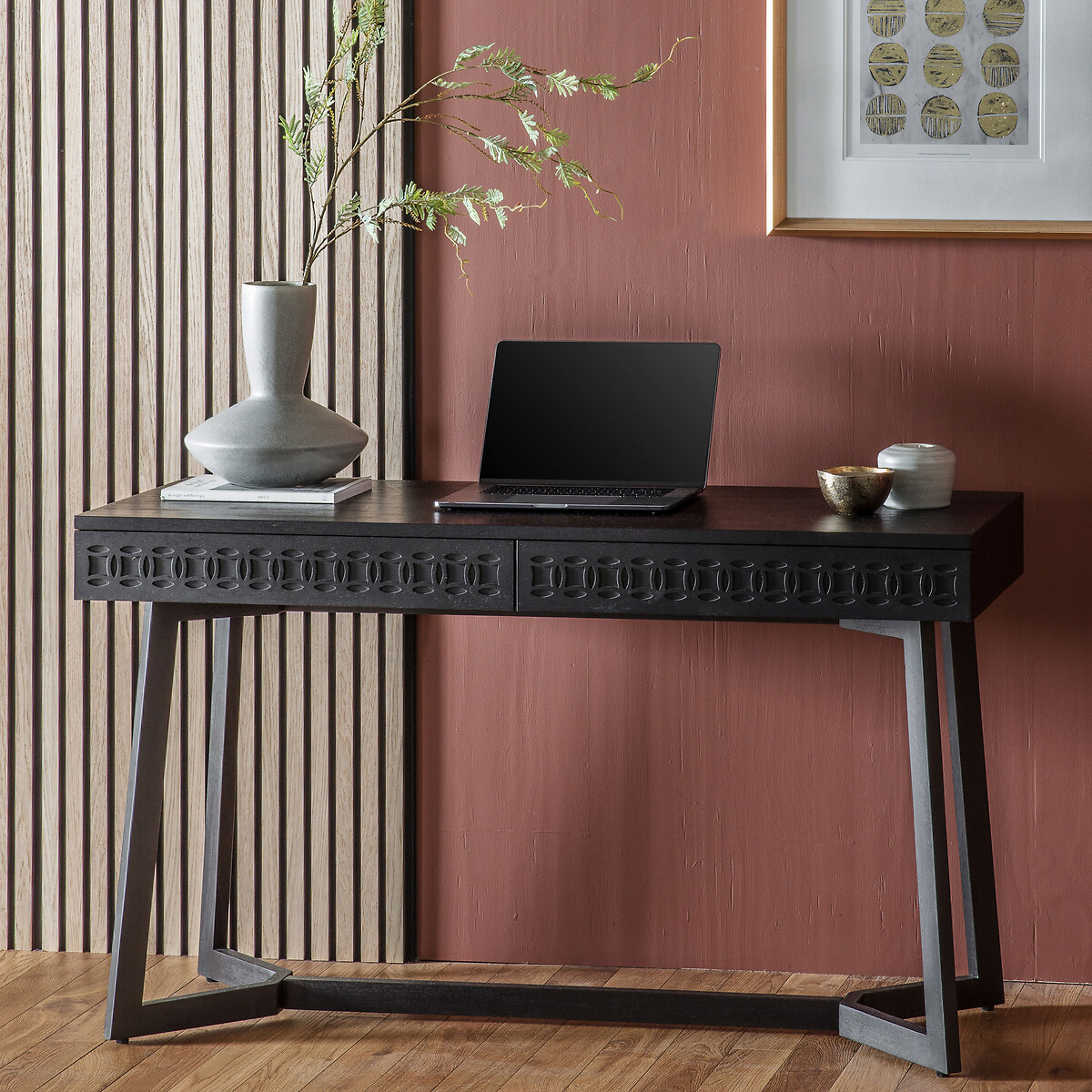 Barauni Boho Carved Wood 2 Drawer Desk black, ÉDITÉ