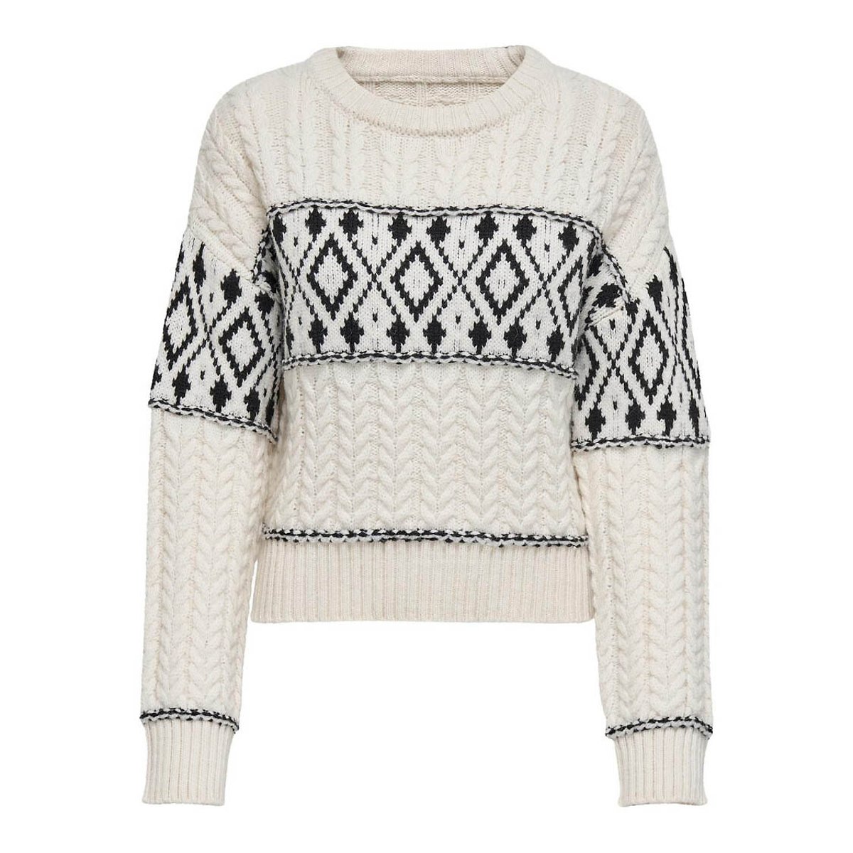Pull torsadé, col rond blanc/noir, ONLY