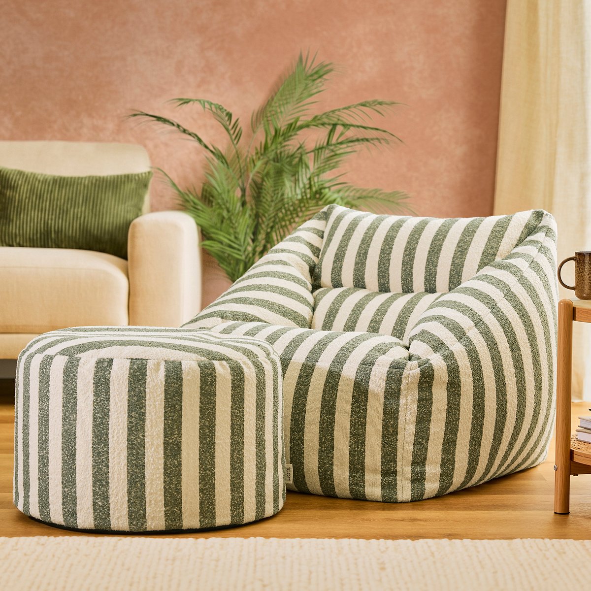 Pouf repose-pied rond en bouclette rayée Oeko-Tex® - MILANO vert olive, ICON