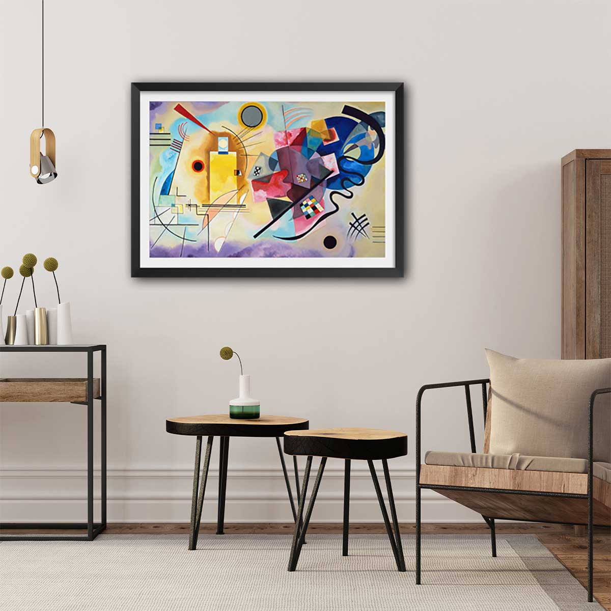 Poster Jaune, rouge en bleu par Wassily Kandinsky affiche + cadre en bois - noir, HEXOA