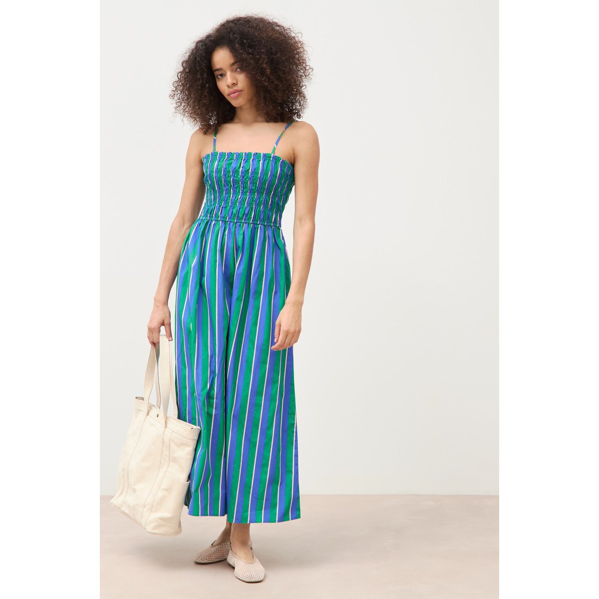 Robe bretelles col carré en coton bleu, BONOBO