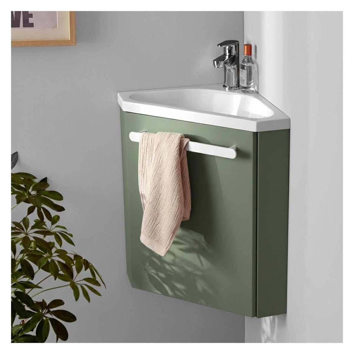 Meuble lave-mains d'angle suspendu SKINO vert satiné, MOB IN