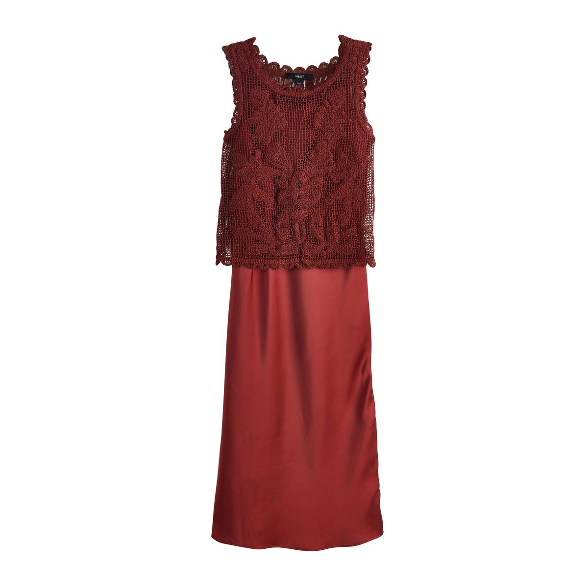 Robe longue sans manches 2-en-1 au crochet marron rouille, NEXT