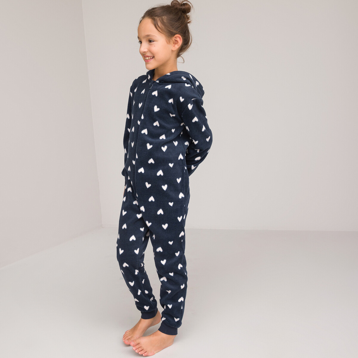 Surpyjama à capuche polaire, imprimé coeurs bleu marine, LA REDOUTE COLLECTIONS