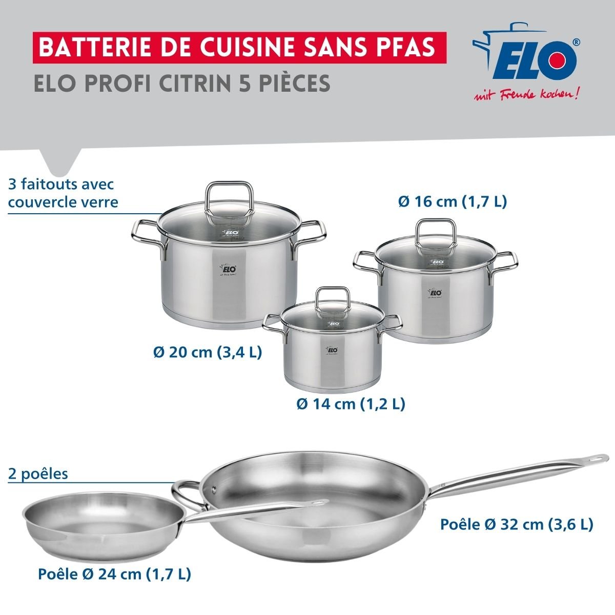 Batterie 2 poêles 24/32cm + 3 faitouts 14/16/20cm PROFI CITRIN gris, ELO
