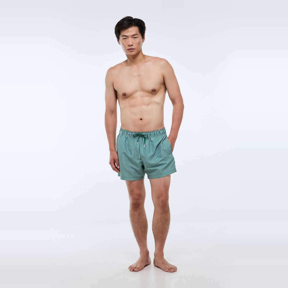 Short de bain à rayures en polyester recyclé salade, MONOPRIX