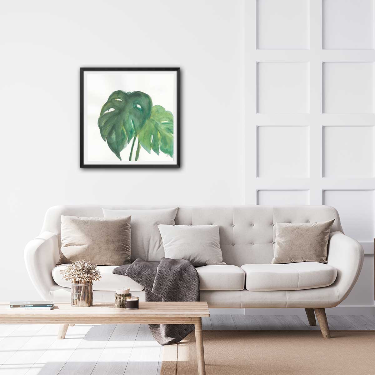 Affiche Plante monstera watercolor affiche + cadre en bois - noir, HEXOA