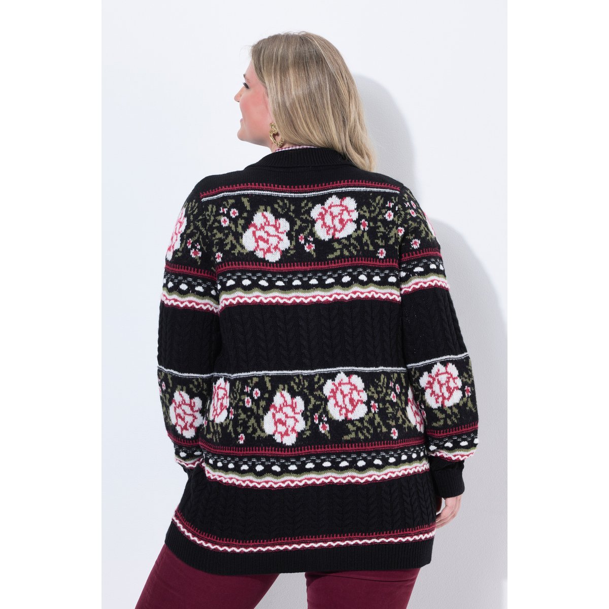 Cardigan motif rayures et fleurs noir, ULLA POPKEN