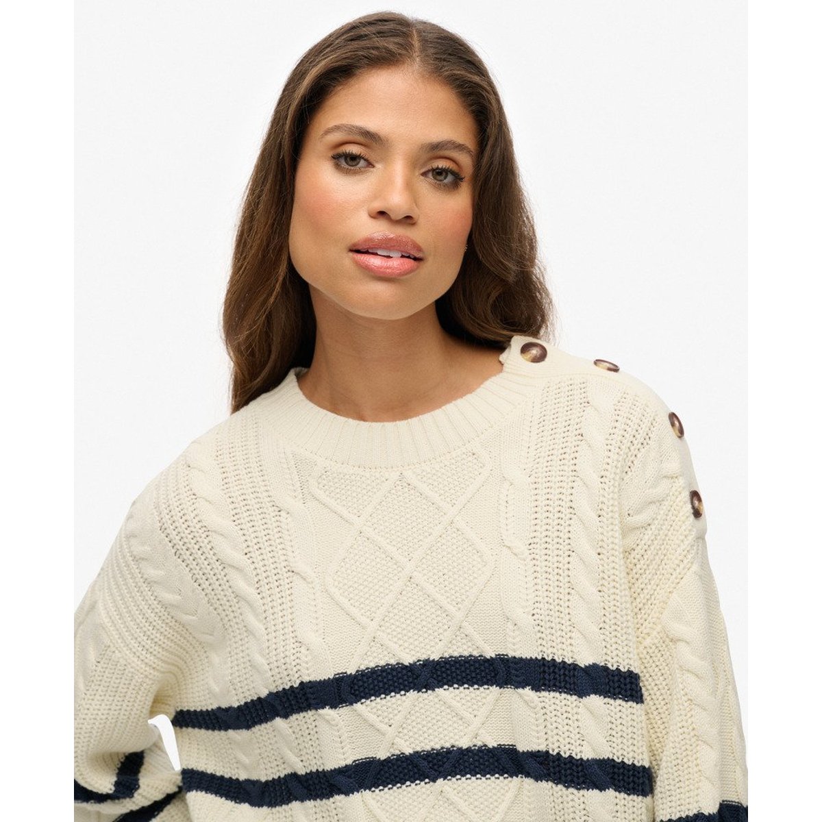 Pull torsadé à col rond rayures bleu marine profond et blanc cassé, SUPERDRY