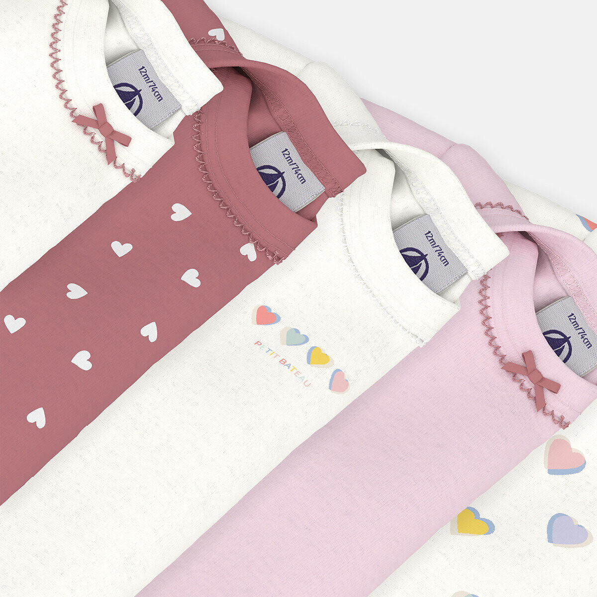 Lot de 5 bodies à manches longues blanc + rose, PETIT BATEAU