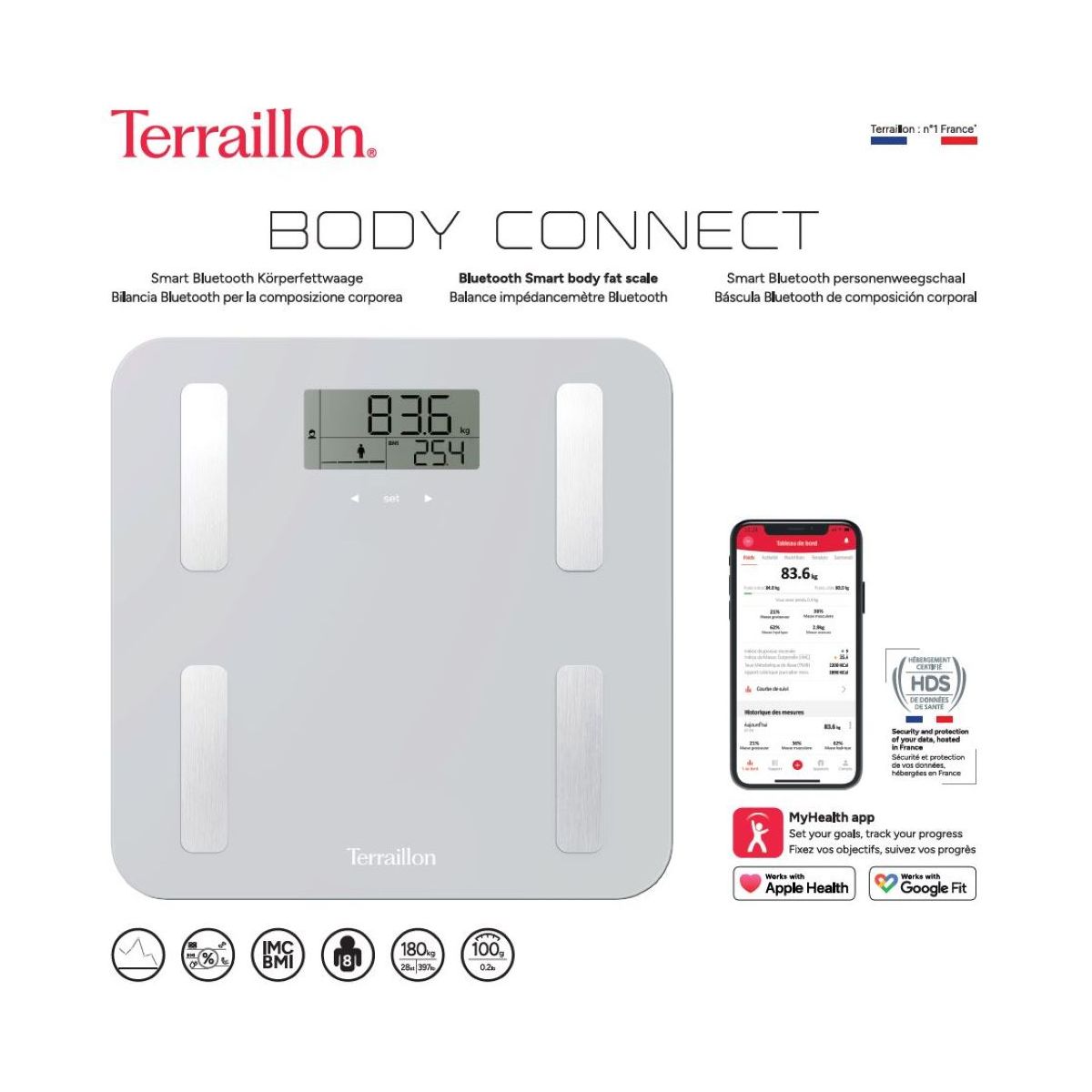 Pèse personne connecté Connecte Body Connect gris, TERRAILLON