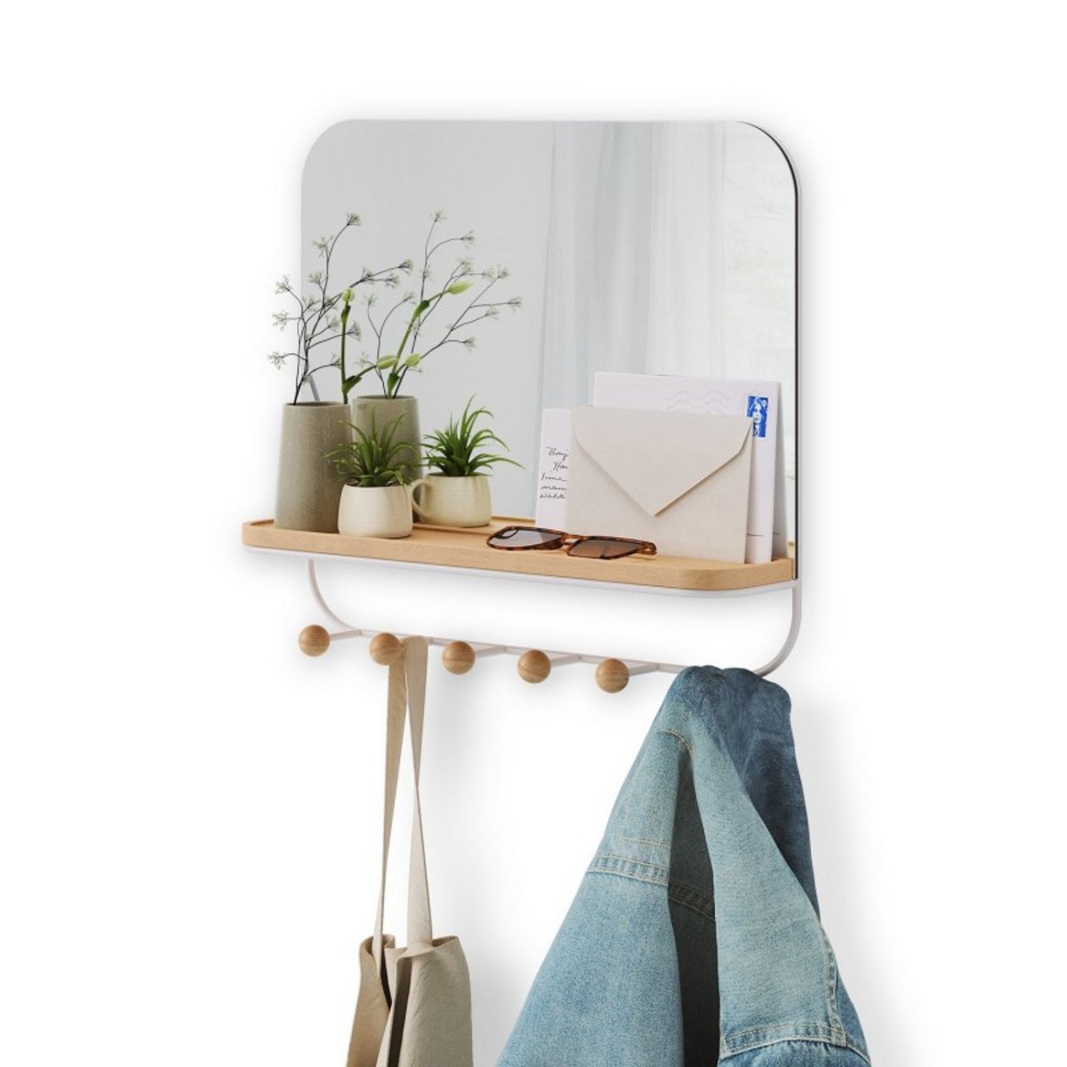 Miroir portemanteau étagère  ESTIQUE bois clair, UMBRA