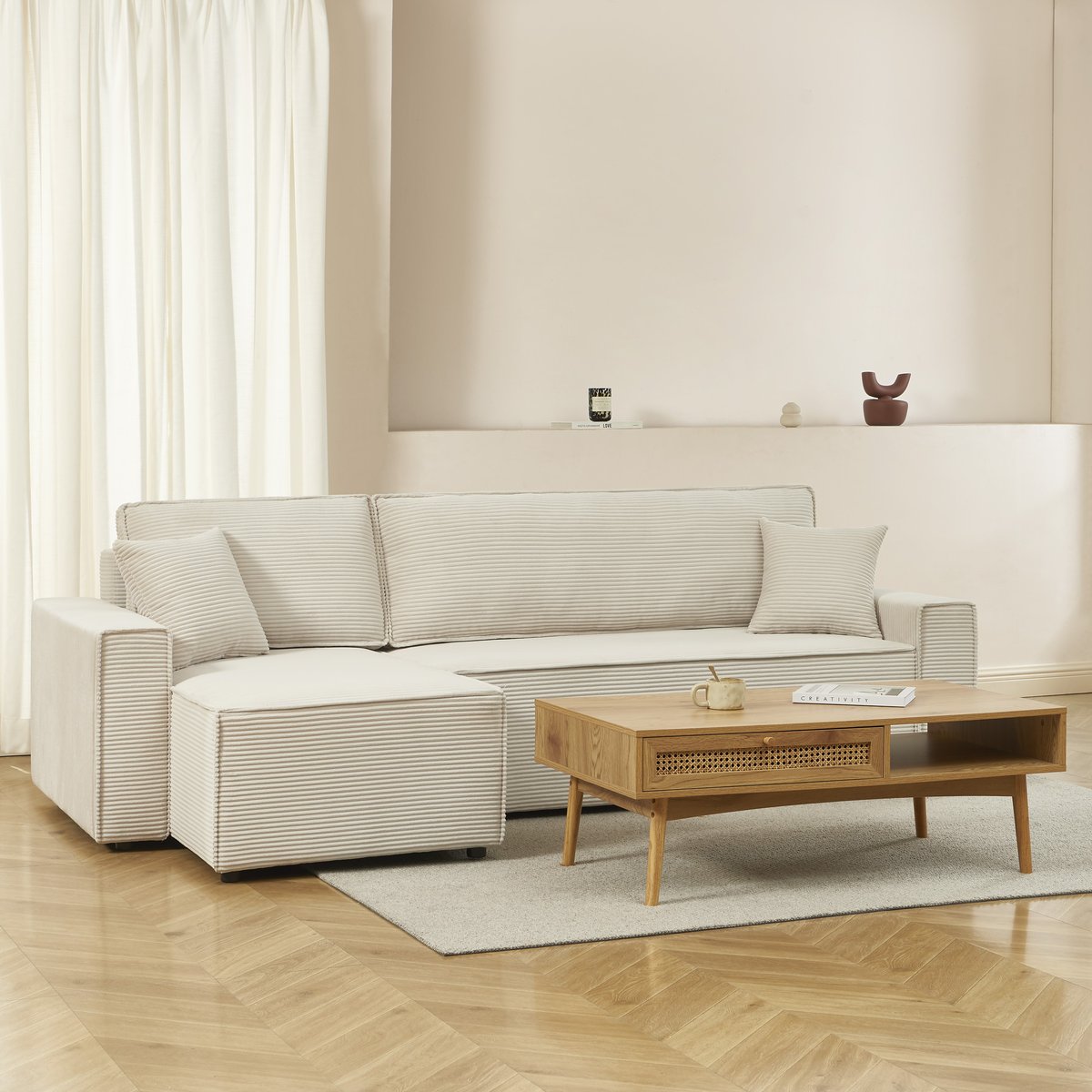Canapé d'angle convertible velours ZOLA beige, BAÏTA