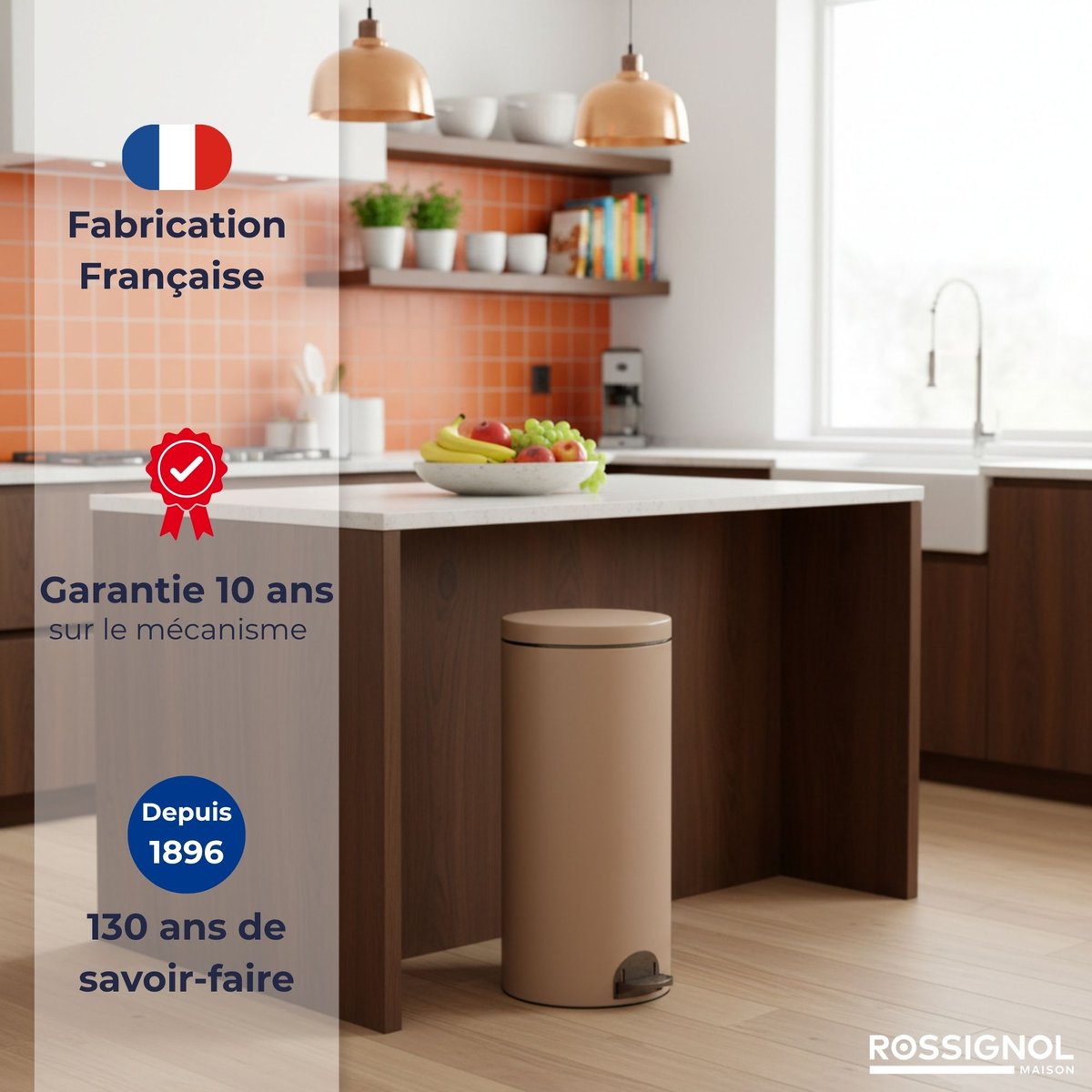 Poubelle de cuisine à pédale 30L Fabriqué en France - ELORA moka, ROSSIGNOL