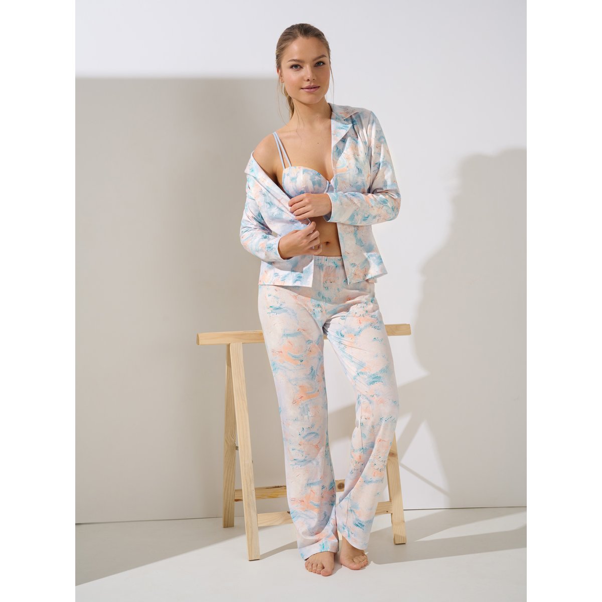 Pyjama pantalon chemise manches longues Olena bleu, LISCA