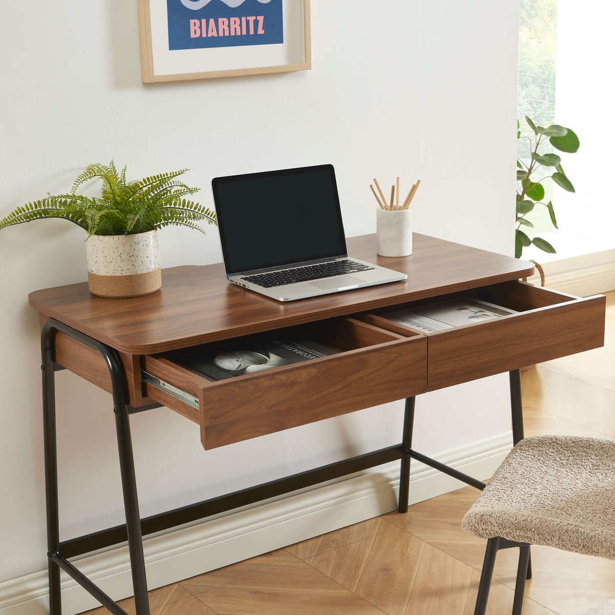 Bureau 2 tiroirs ESRA noir et effet noyer, BAÏTA
