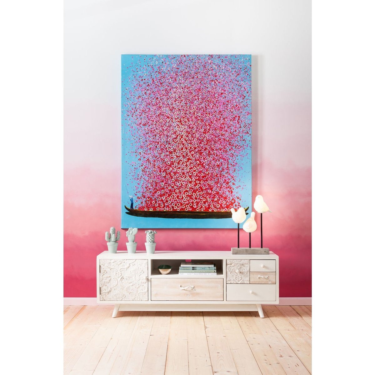 Tableau fleurs pirogue, TOUCHED bleu et rose, KARE DESIGN