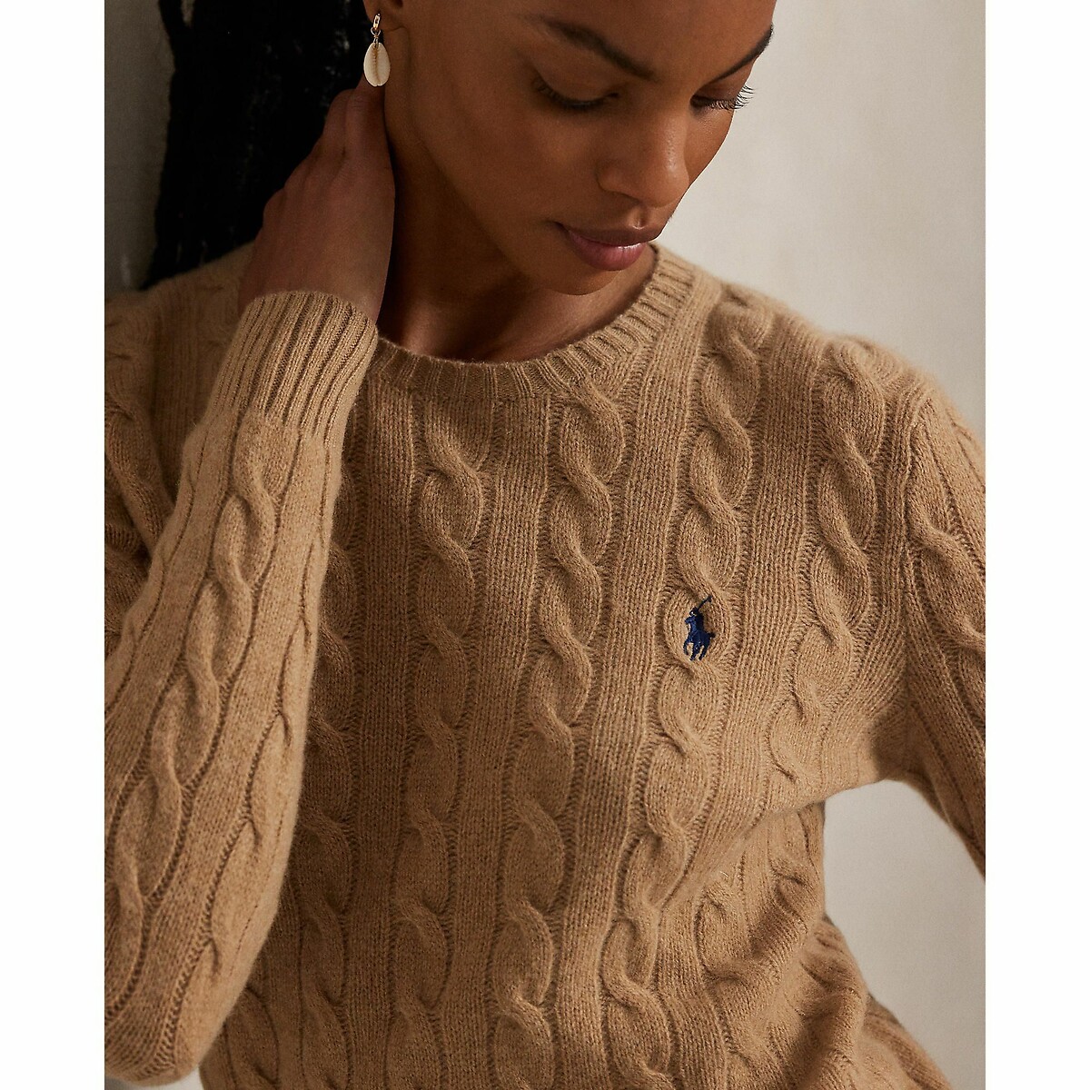 Pull col rond en maille torsadée, 80% laine 20% cachemire camel, POLO RALPH LAUREN