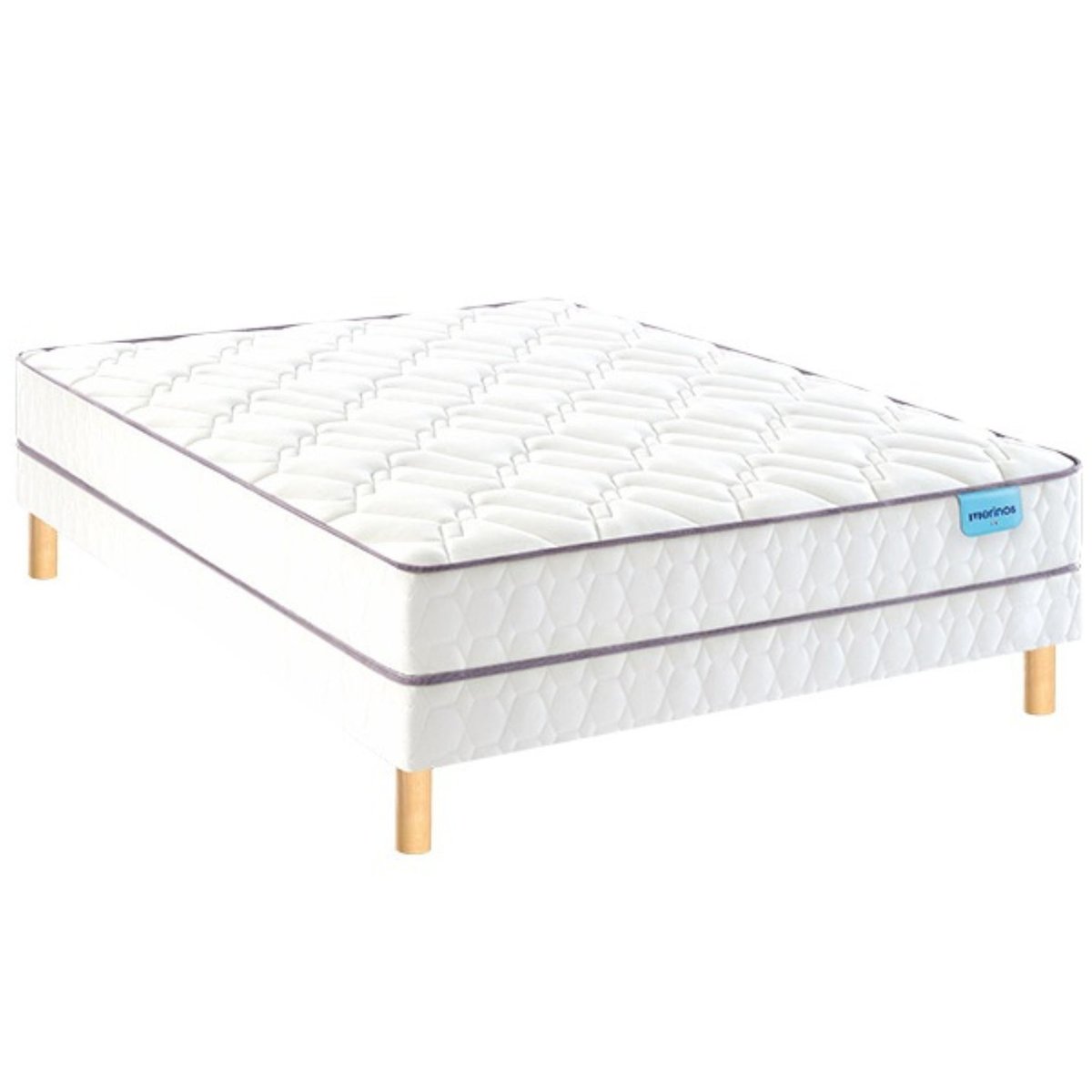 Ensemble matelas ressorts ensachés MORNING ROUTINE, sommier TWIST et pieds blanc, MERINOS