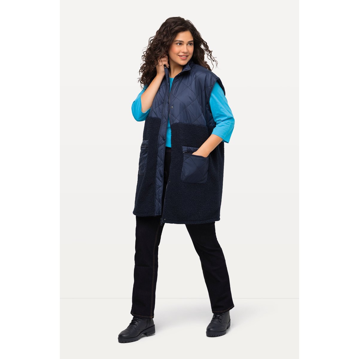 Veste en polaire bouclée à col montant et bleu nuit, ULLA POPKEN
