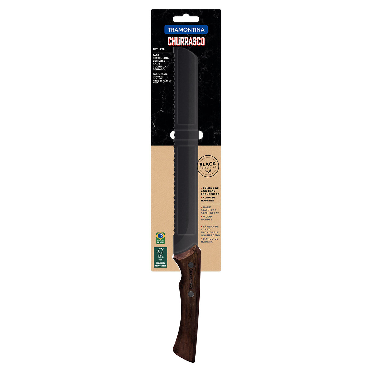 Faca Serrilhada Churrasco Black 10", Tramontina madeira, TRAMONTINA