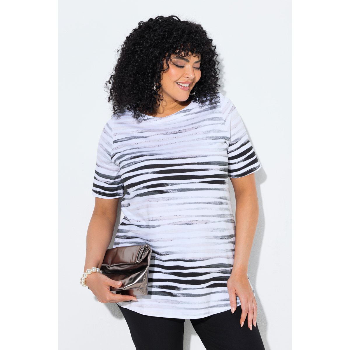 T-shirt en coton Pima, pierres fantaisie noir, ULLA POPKEN