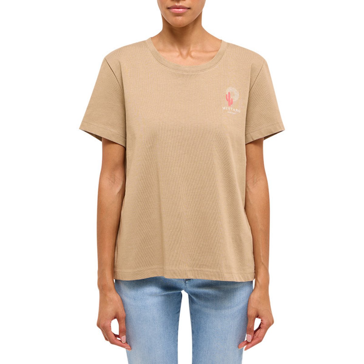T-shirt en coton taupe uni pourvu d'une coupe droite et d'un col rond gris, MUSTANG