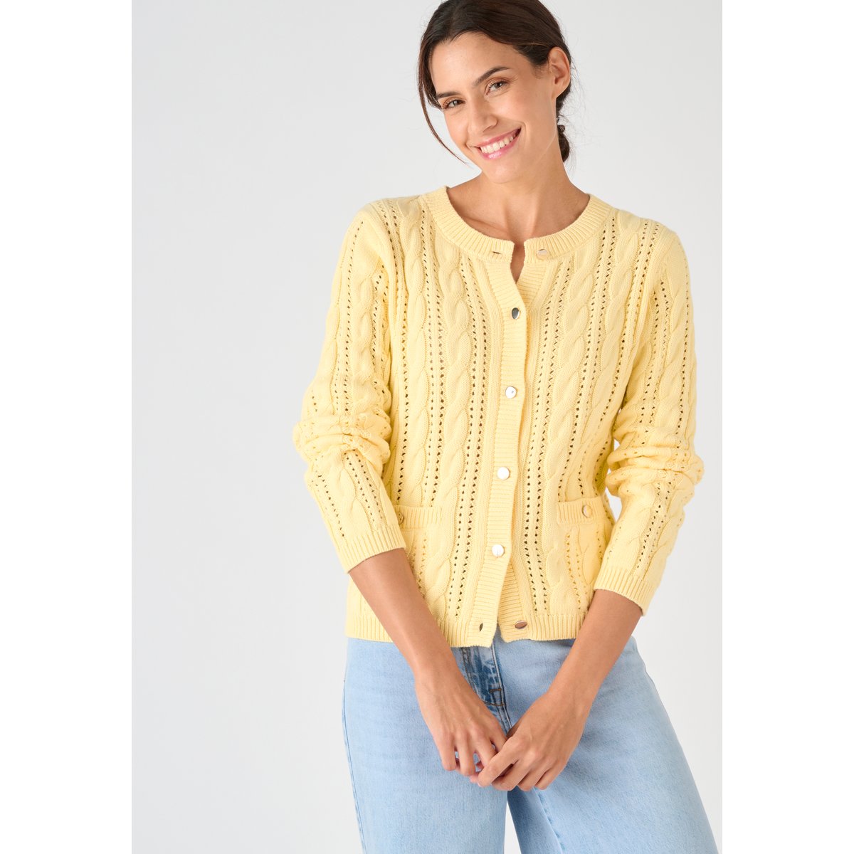 Cardigan maille ajourée et torsades jaune pâle, DAMART