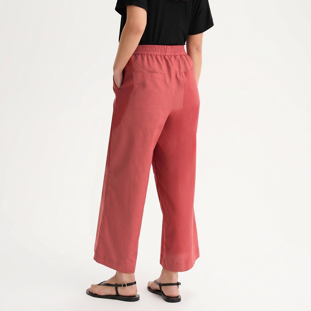 Pantalon large 7/8ème en lin et coton à taille élastiquée rouge brique, ANNE WEYBURN