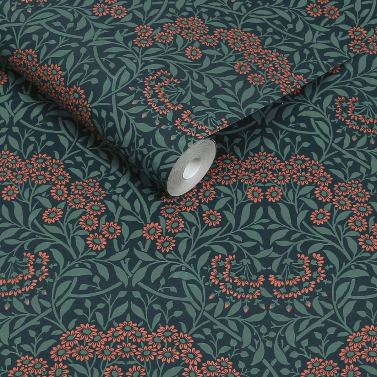 Papier peint fleuri Michaelmas Daisy Midnight bleu, corail, WILLIAM MORRIS AT HOME