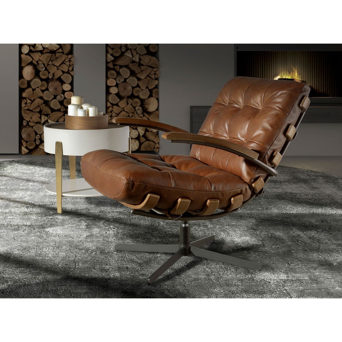 Fauteuil pivotant en cuir et noyer marron foncé | noir, ANGEL CERDA