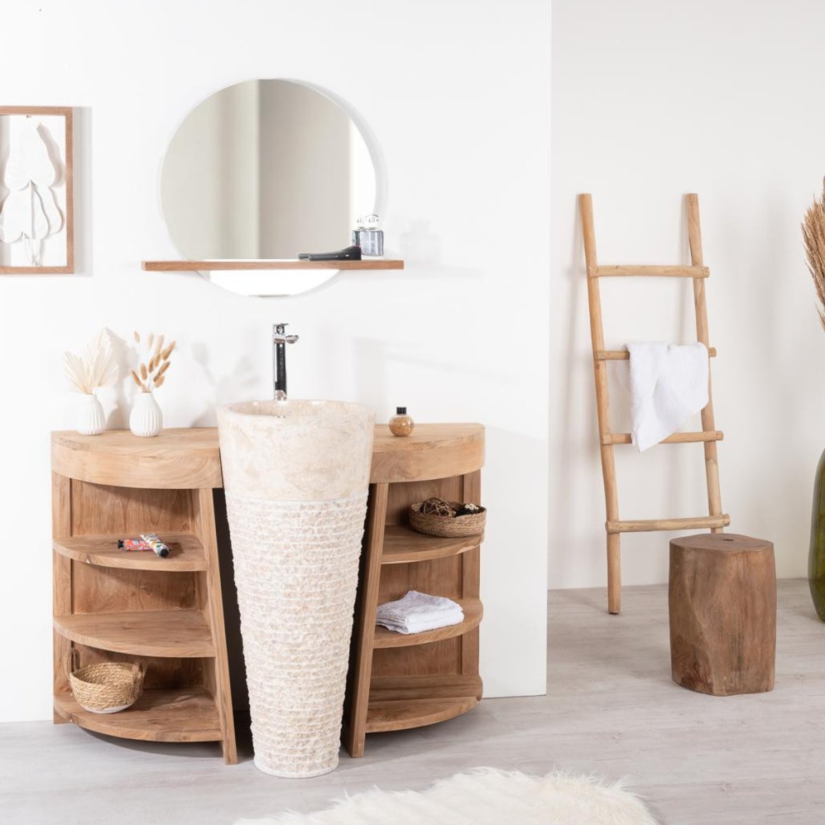 Meuble + vasque en teck rectangle 120cm FLORENCE crème, WANDA COLLECTION
