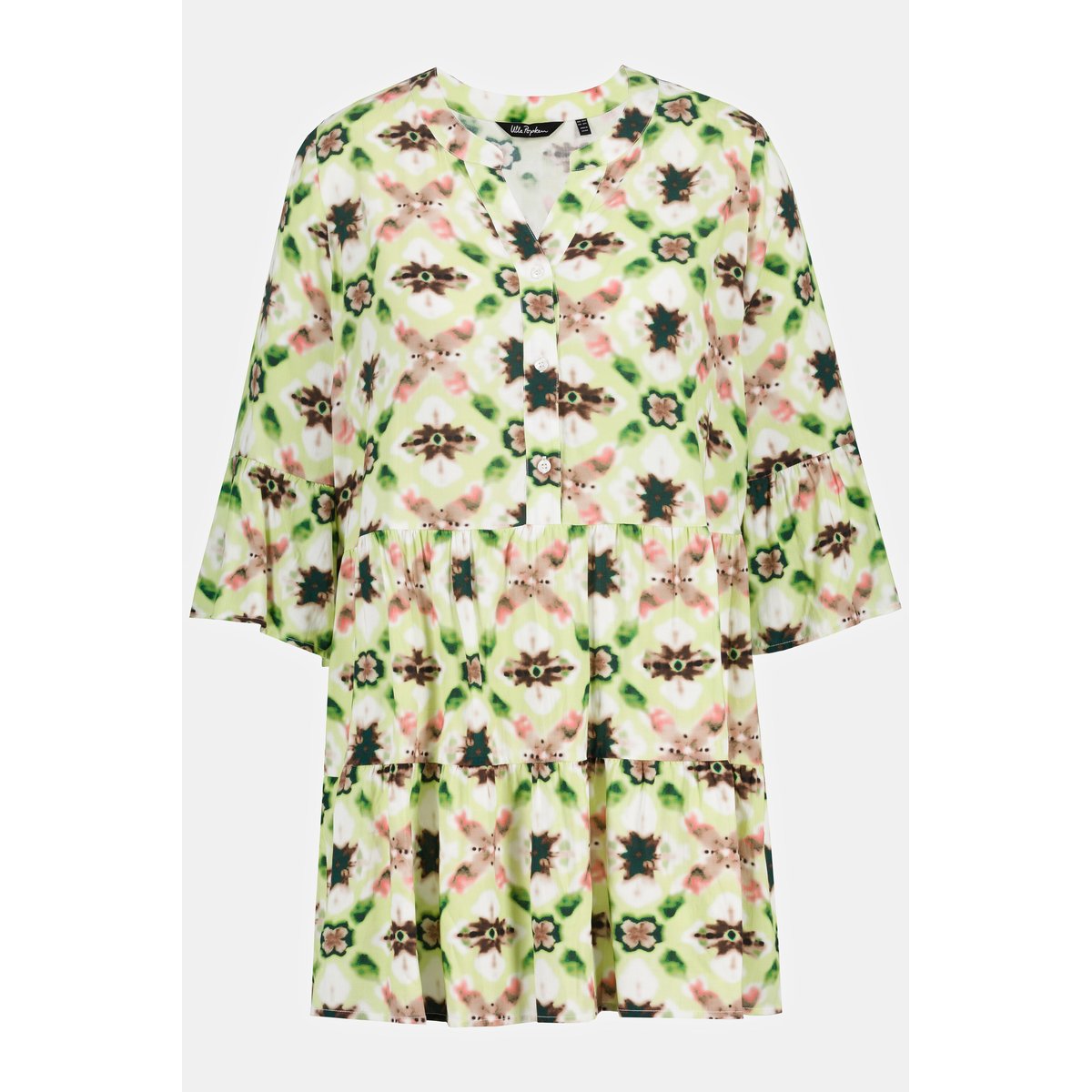 Robe midi, volants, ligne en A, col tunisien vert citron, ULLA POPKEN