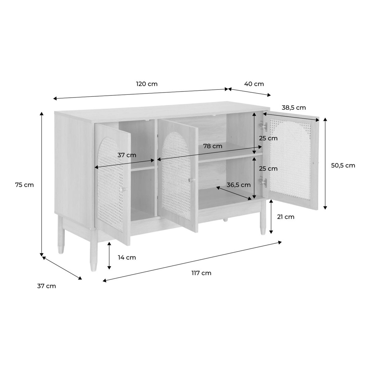 Buffet décor bois et cannage 3 portes 120cm JUDITH naturel, SWEEEK
