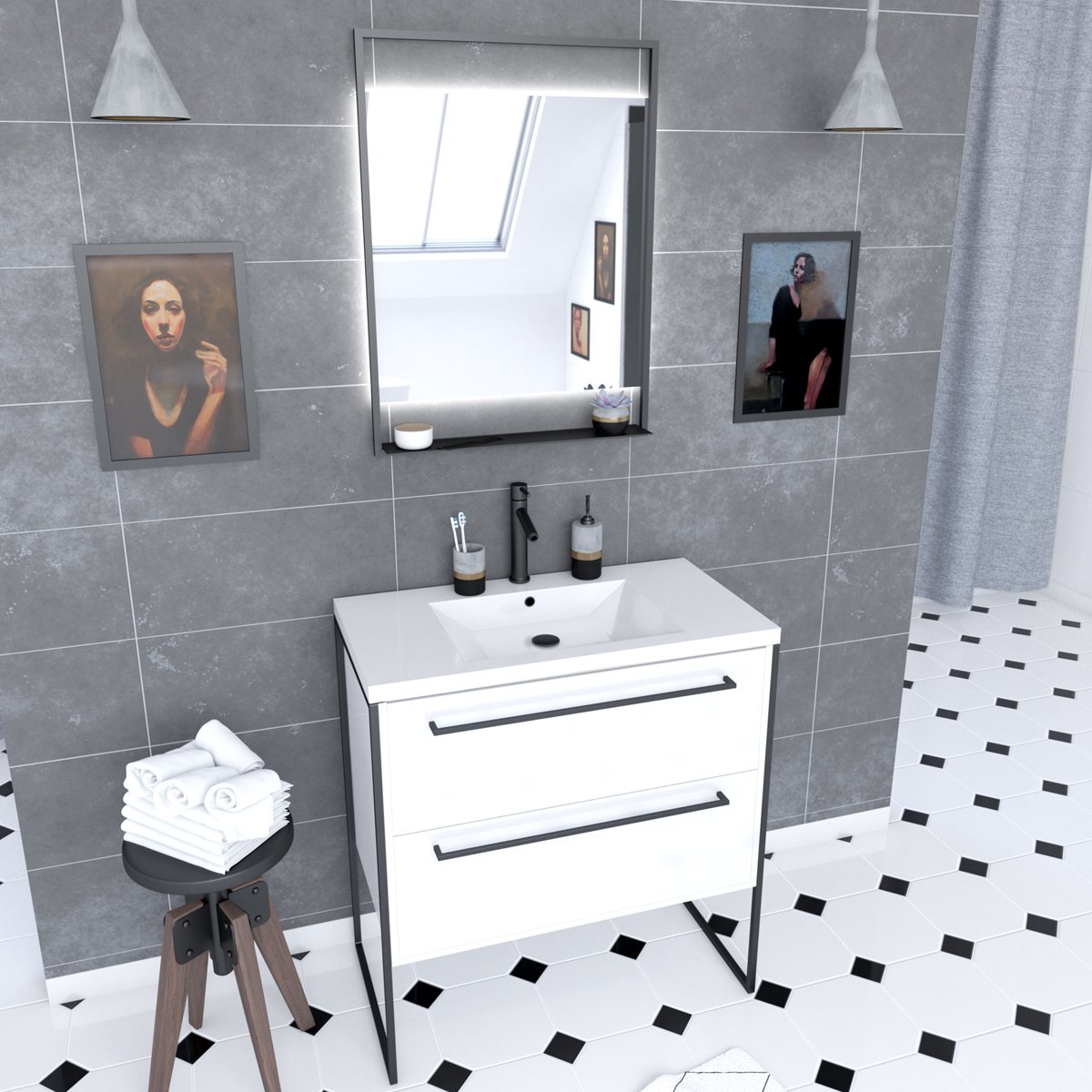 Pack caisson vasque et miroir à led blanc, HOME MAISON