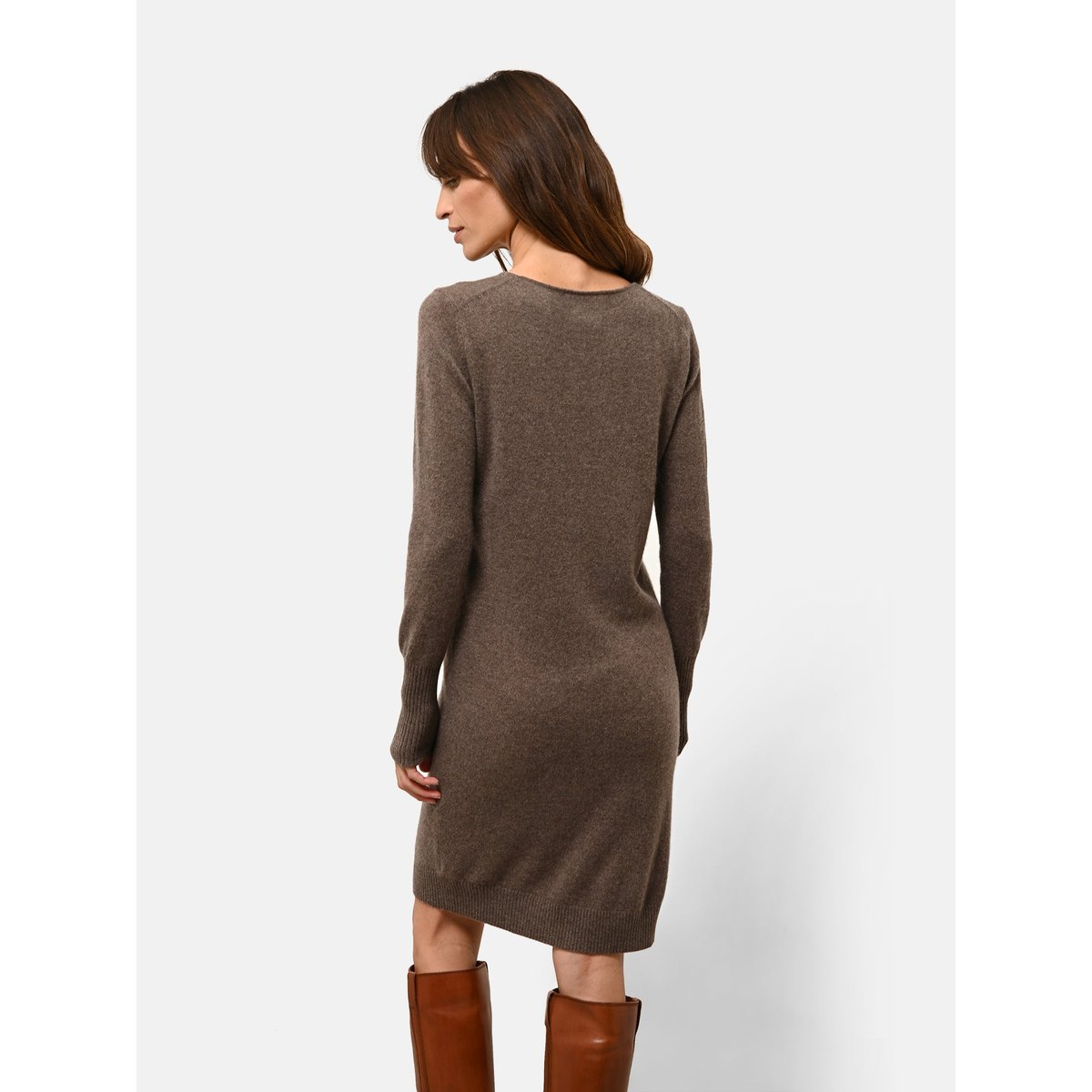 Robe Col Rond Taupe Chiné Susan marron, JUST CASHMERE