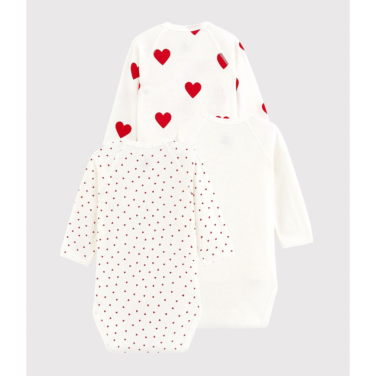 Pack of 3 Wrapover Bodysuits heart print, PETIT BATEAU