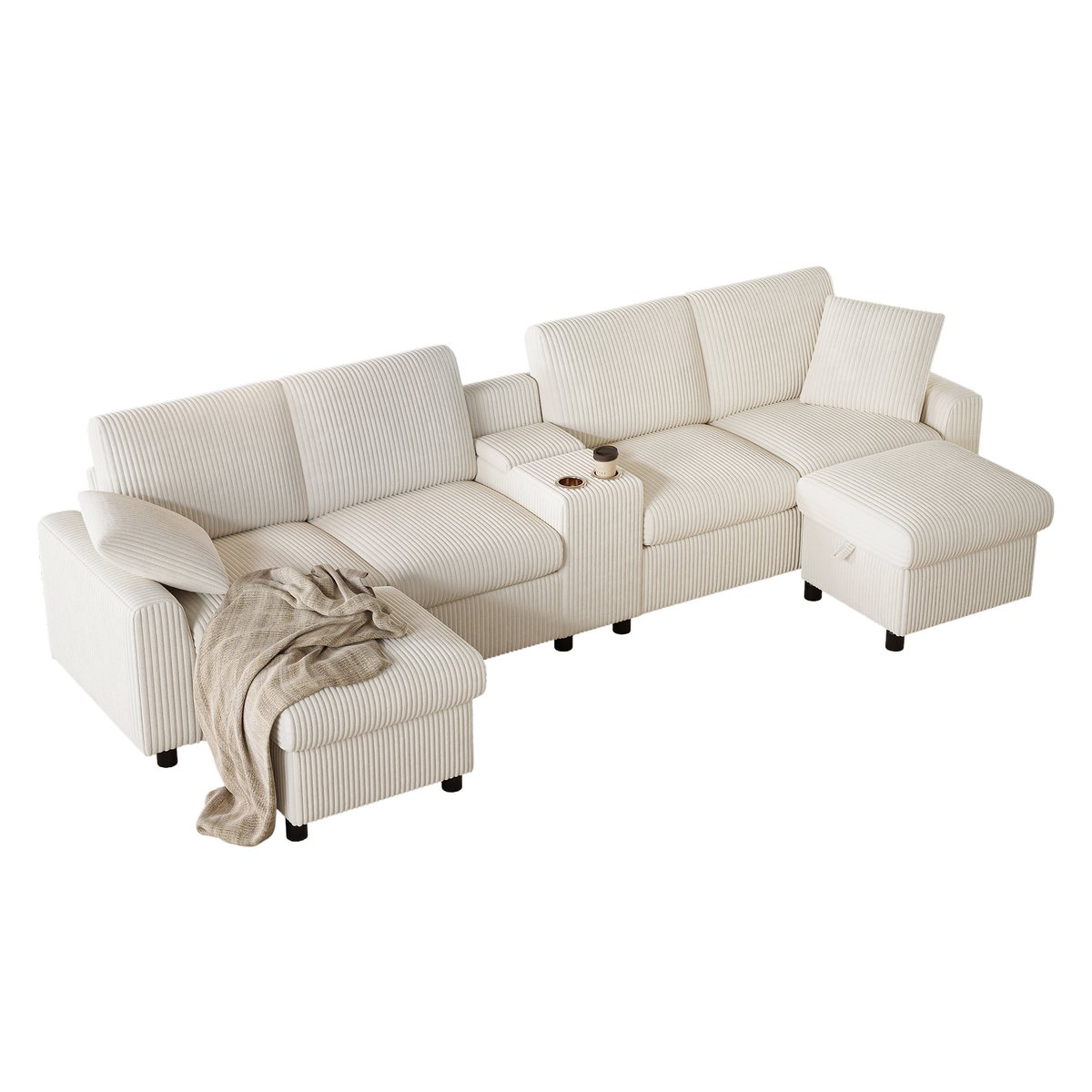 Canapé d’angle U en velours côtelé avec coffre VASED beige, MEUBLES COSY