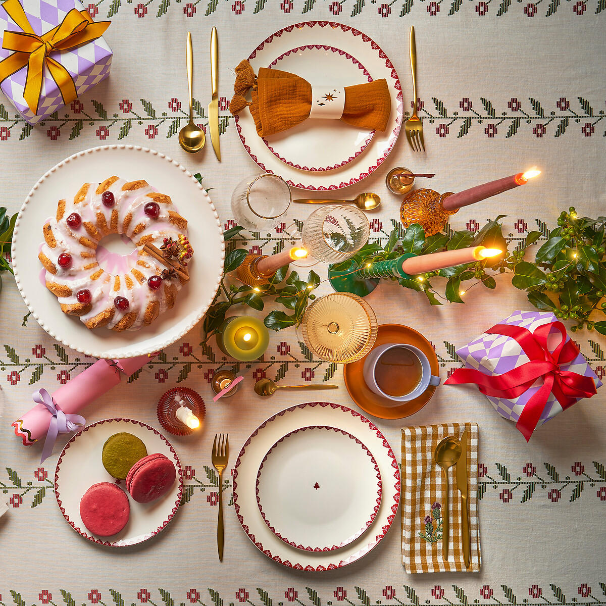 Lote de 4 platos de postre de porcelana, Flocani rojo/blanco, LA REDOUTE INTERIEURS