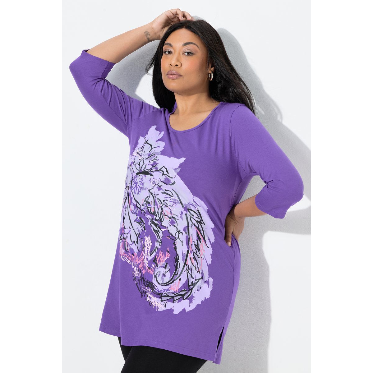 T-shirt long décolleté rond et manches 3/4 violet, ULLA POPKEN