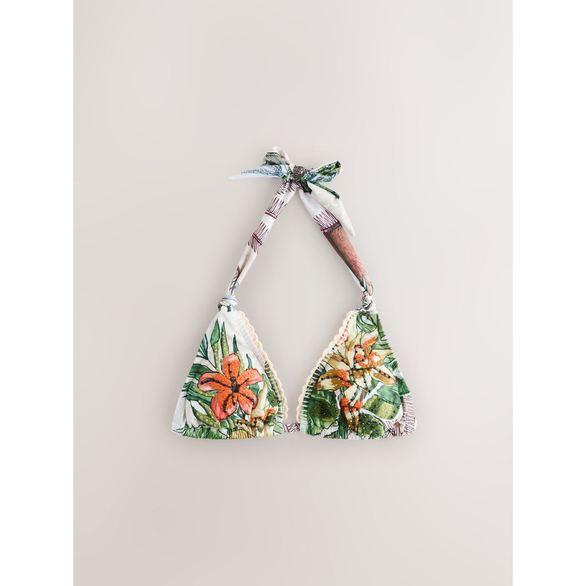 Haut de bikini triangle avec ornements imprimé perroquet crème/marine, NEXT
