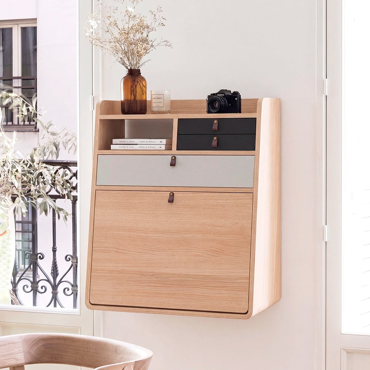 Bureau secrétaire mural en chêne GASTON gris ardoise, HARTO