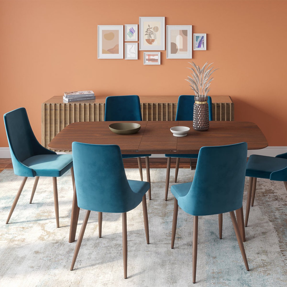 Pack 4 chaises en velours et - VINNI gris et bleu, MAISON PAVANE