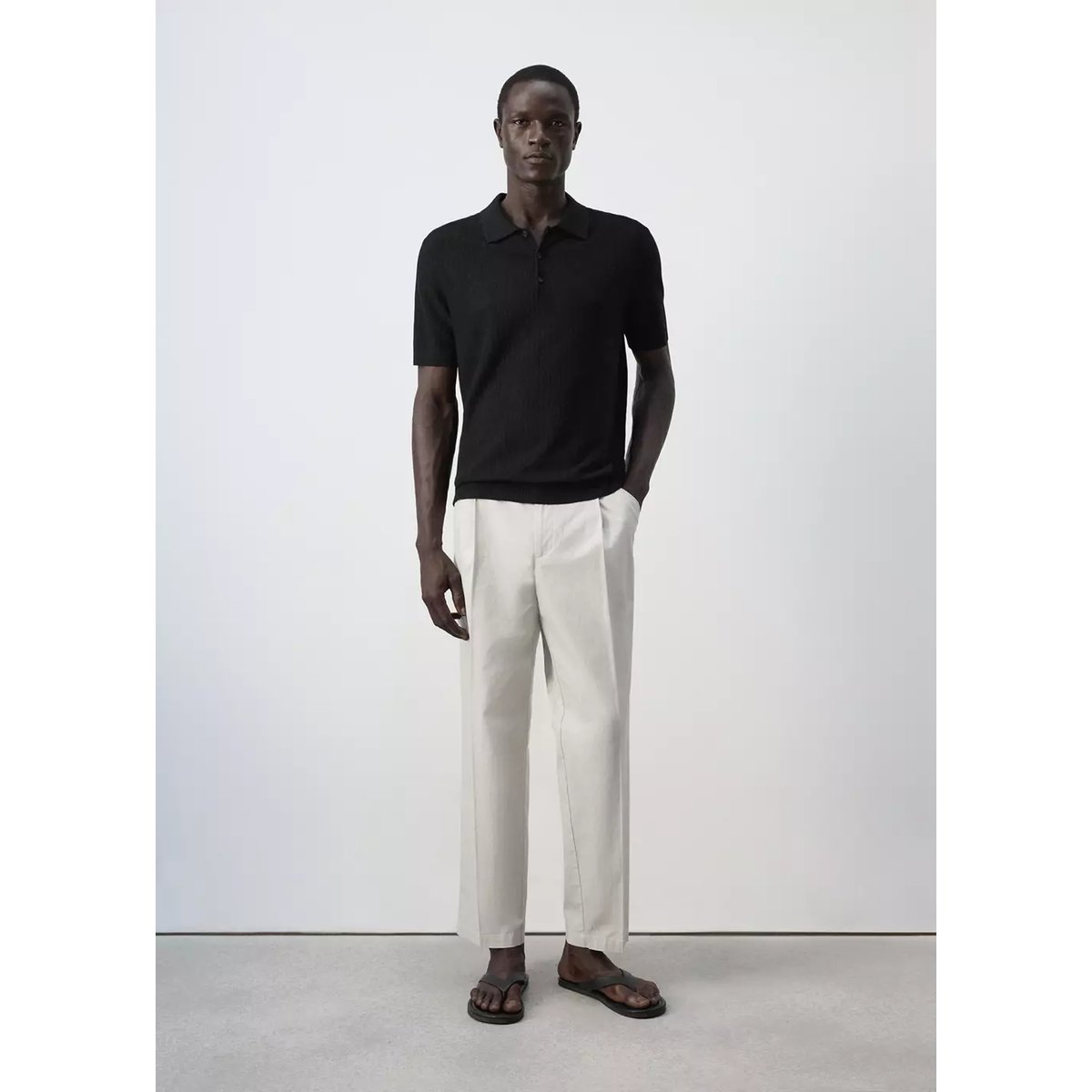 Polo maille fine côtelée noir, MANGO MAN