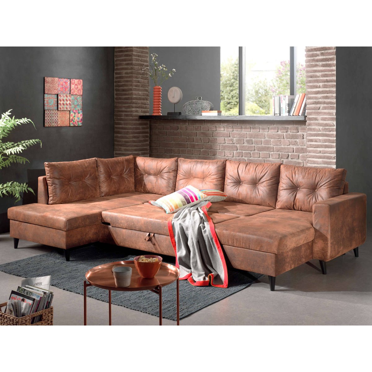 Canapé Panoramique 7 places - NORDIC marron, BEST MOBILIER