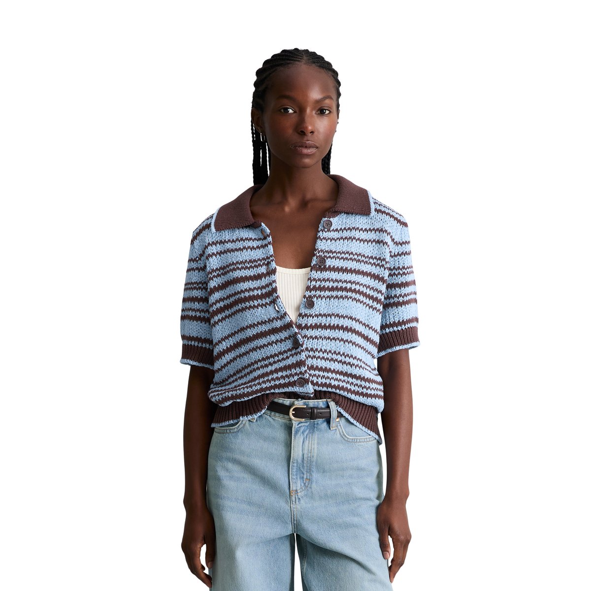 Polo cardigan regular en fil à bandelettes teinté dans la masse marron fonce, MARC O’POLO DENIM