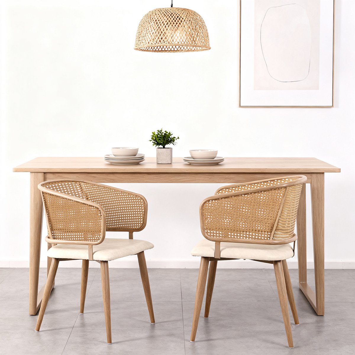 Lot de 2 chaises de salle à manger en velours avec dossier en rotin style moderne et confortable, DEWR beige, MEUBLES COSY