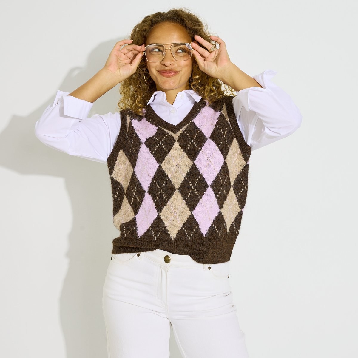 Pull 2 en 1 motif losanges marron, GRAIN DE MALICE